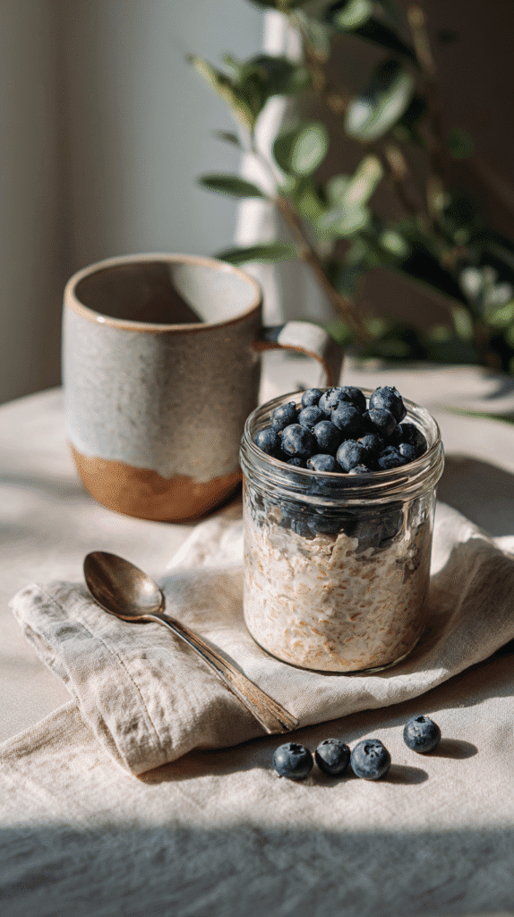 overnight-oats-blueberries a jar of overnight oats with blueberries