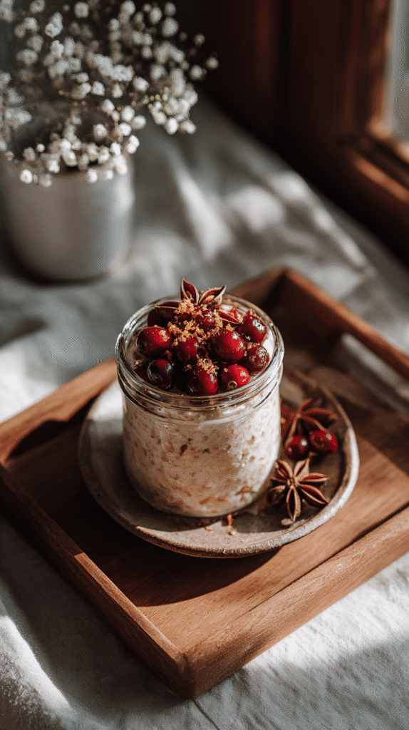 overnight-oats-cranberries jar of overnight oats with cranberries
