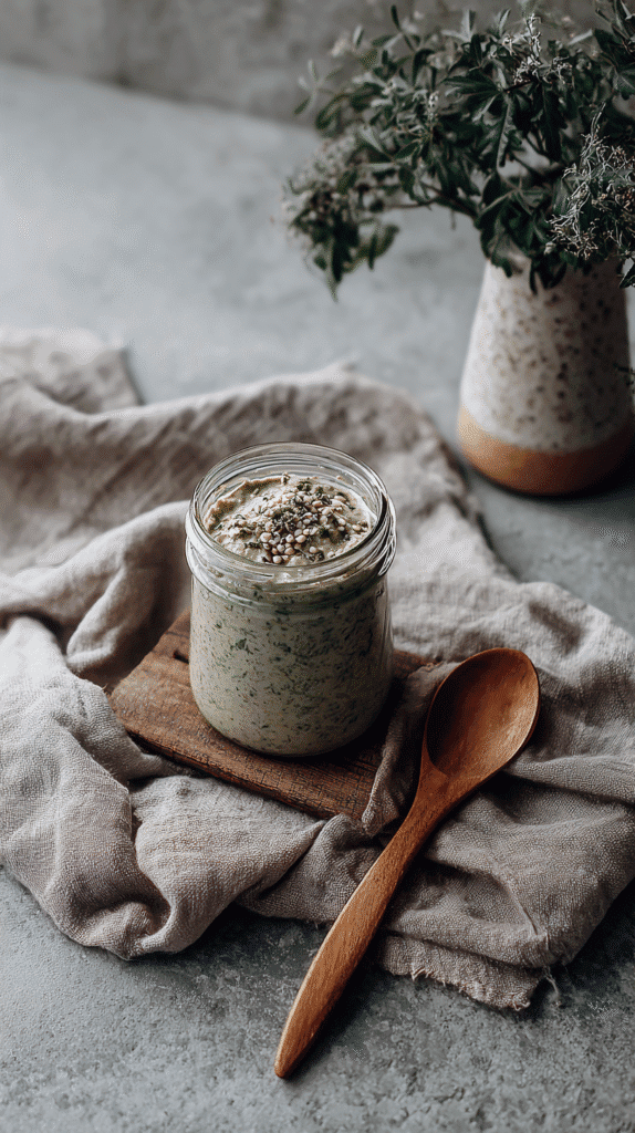 overnight-oats-matcha a jar of matcha flavored overnight oats with a wooden spoon and linen napkin