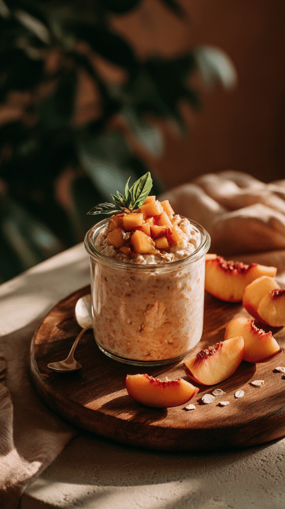 overnight-oats-peach a jar of overnight oats with peaches and basil