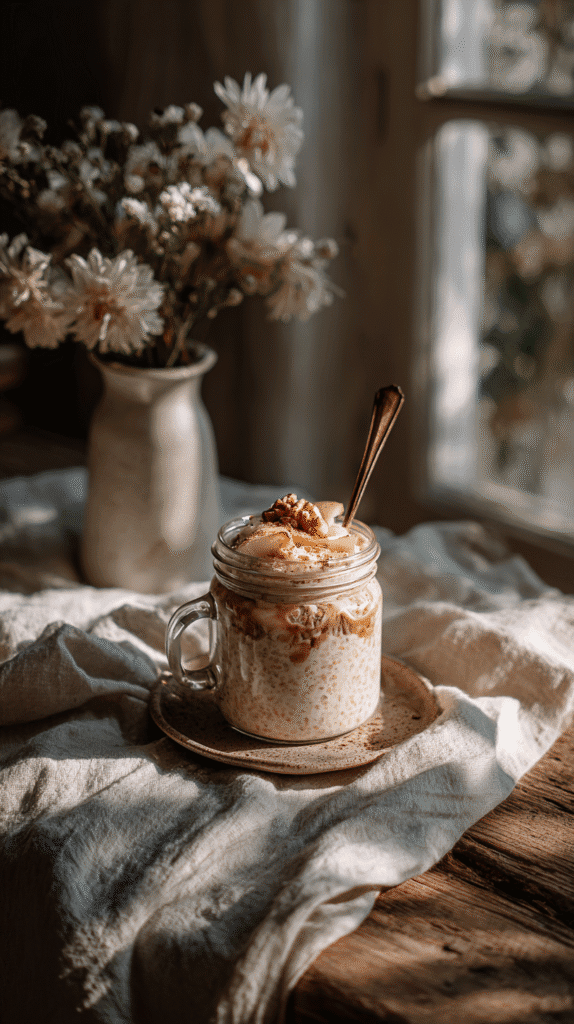overnight-oats-pears a jar of overnight oats with pear