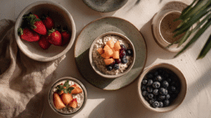overnight oats and fruit in ceramic bowls