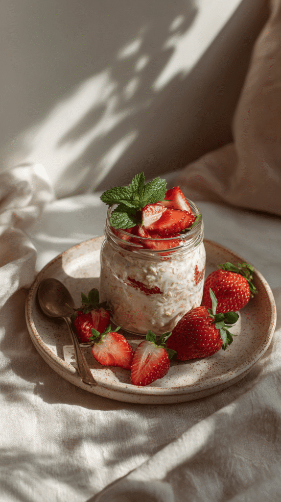 overnight-oats-strawberry a jar of strawberry overnight oats on a plate surrounded by strawberries