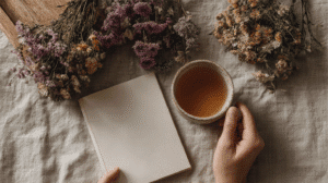 a planner and mug of tea next to dried flowers on a linen covered table