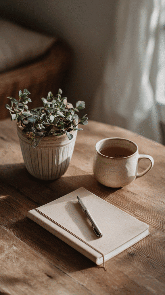 a journal sits next to a mug of tea and a potted plant on a wooden table