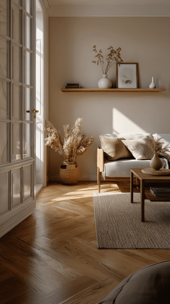 self-sufficient-living-plan-living-space a modern open apartment living room with sofa and shelves