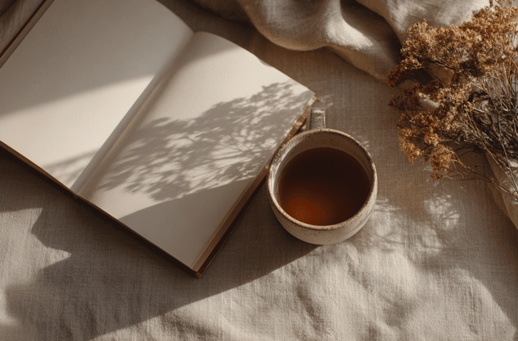 a cup of tea, blank journal and dried flowers on a linen covered table in the morning light