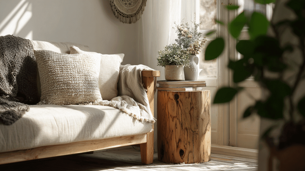 a peaceful living room with linen covered sofa and rustic wooden table in sunlight