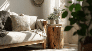 a peaceful living room with linen covered sofa and rustic wooden table in sunlight