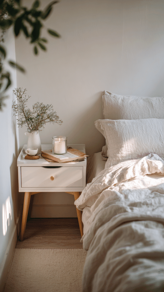 slow-living-home-tips-bedroom a minimal bedside table with candle and dried flowers