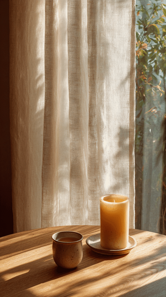 slow-living-home-tips-lighting wooden table with mug and candle in front of sheer curtains and a sunny window