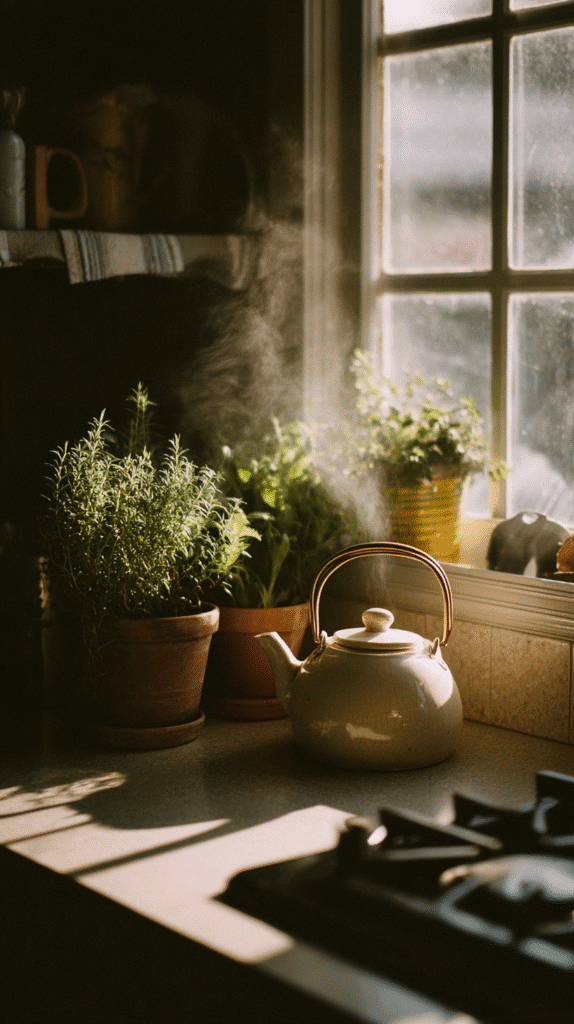 slow-living-home-tips-morning-tea a tea kettle on a kitchen stove next to potted herbs in the morning sunlight