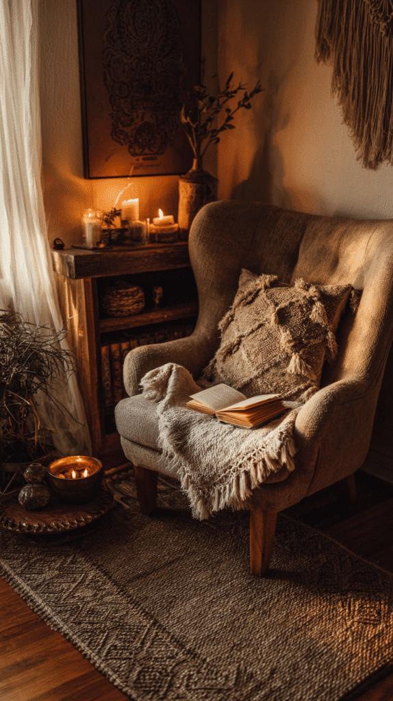 slow-living-home-tips-reading-nook a cozy reading nook with a chair, pillows and candles