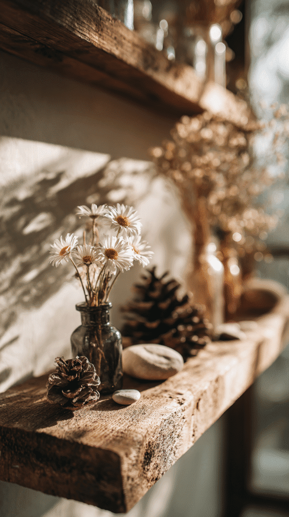 slow-living-home-tips-sacred-space a rustic wall shelf with daisies, stones and other forms of nature
