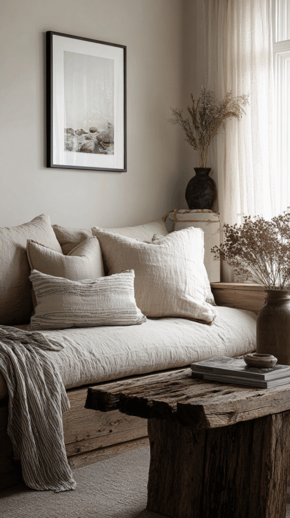 slow-living-home-tips-textures a modern minimal living room with a white sofa and rustic coffee table