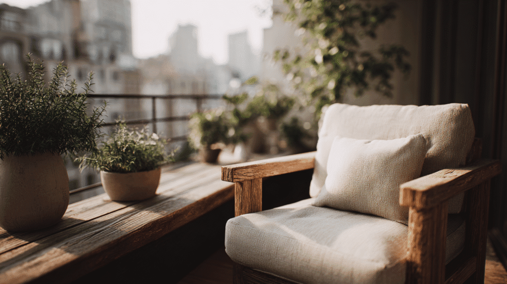a peaceful balcony apartment garden with linen covered chair and potted plants