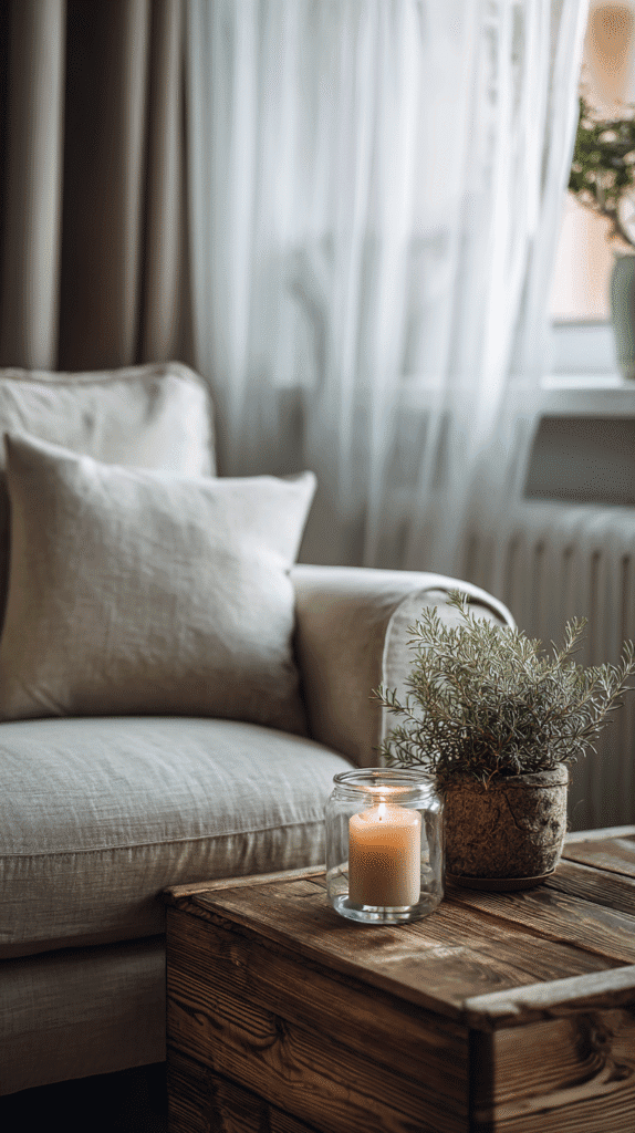 slow-living-in-city-cozy-corner a cozy apartment corner with linen covered couch and rustic wooden coffee table with a candle and potted plant