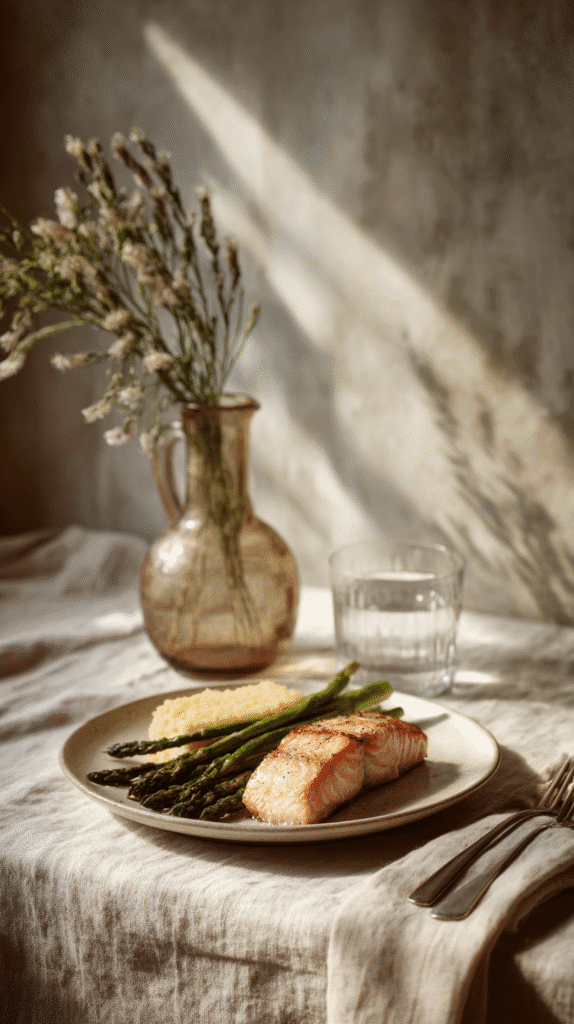 slow-living-in-city-home-cooked-meals a plate of salmon and vegetables on a linen covered countertop with a vase of dried flowers and a glass of water