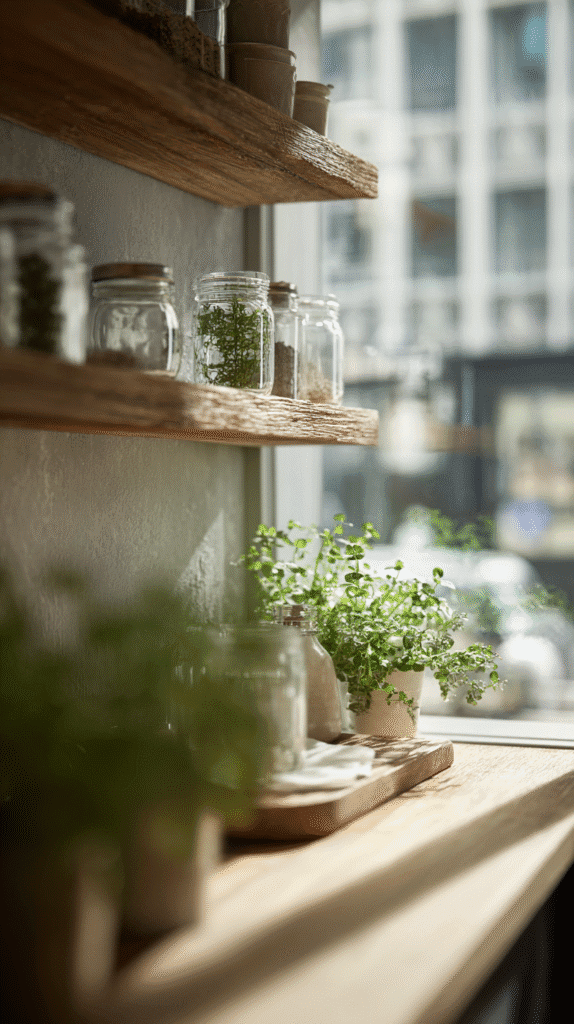 slow-living-in-city-minimalist-kitchen a minimal rustic apartment kitchen with jars of pantry staples and a potted herb plant