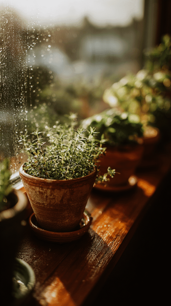 slow-living-in-city-nature-plants a collection of potted herbs on a windowsill with dew on the window