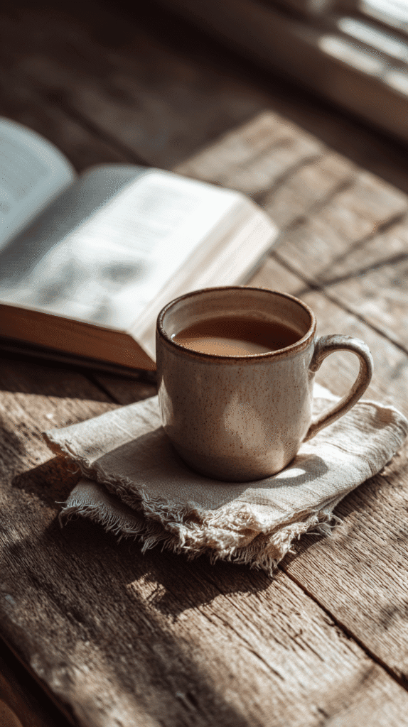 slow-living-in-city-routine-tea a book and cup of coffee sitting on a rustic countertop in the morning sunlight