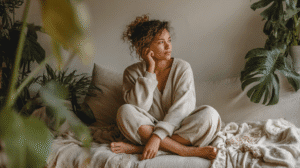 a woman sits on a linen couch looking out the window in anxiety about the coming monday