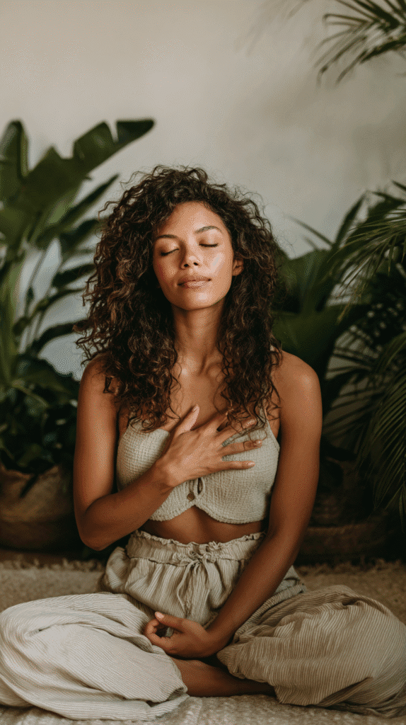 sunday-reset-anxiety-grounding-meditation a woman sits cross legged on the floor with her hand on her heart and eyes closed