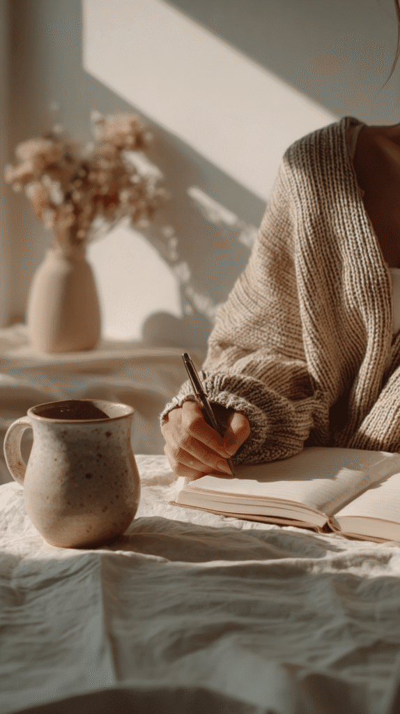 sunday-reset-anxiety-journaling a woman journals in the sunlight with a mug of tea