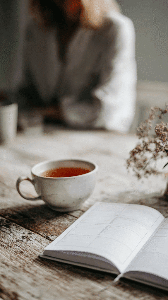 sunday-reset-anxiety-planner a weekly planner sits on a rustic wooden table with a cup of tea with a woman in the background
