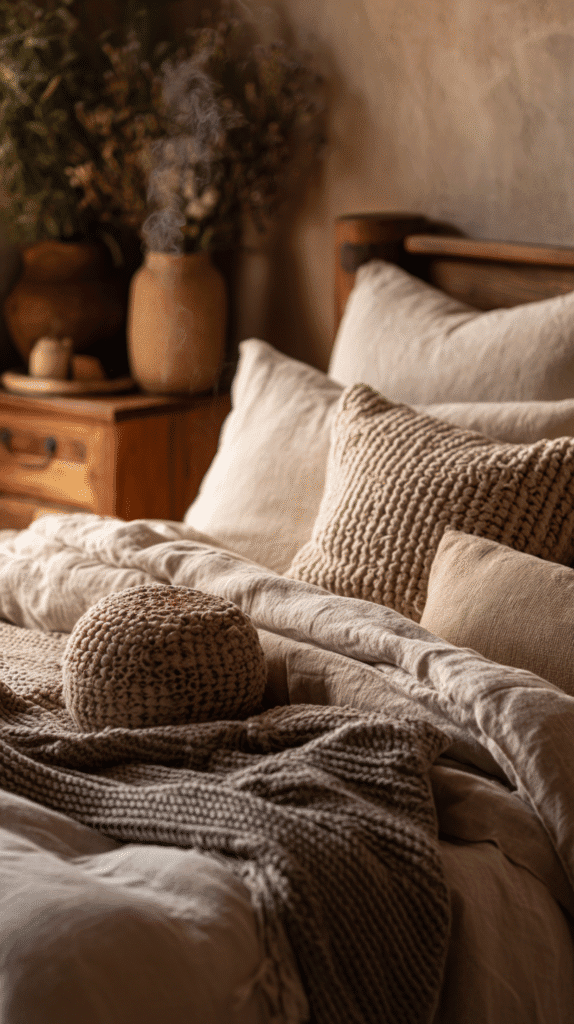 sunday-reset-anxiety-sleep-sanctuary a bedroom with luxurious linen covered bed and lots of pillows