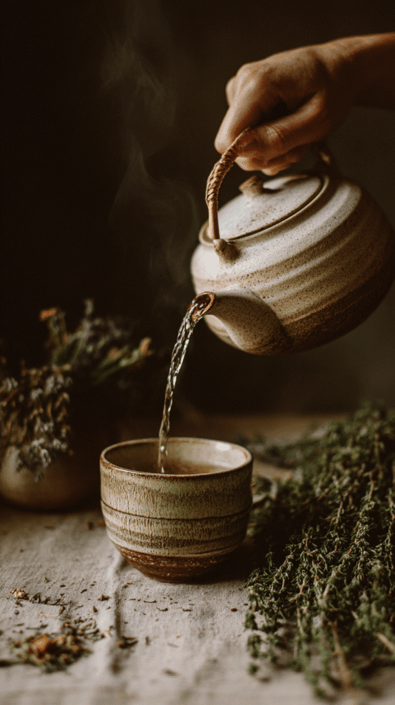 sunday-reset-anxiety-tea a ceramic teapot pouring tea into a mug surrounded by dried lavender on a linen tablecloth