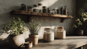 a sunny kitchen counter with rustic wooden shelves with glass jars of kitchen staples