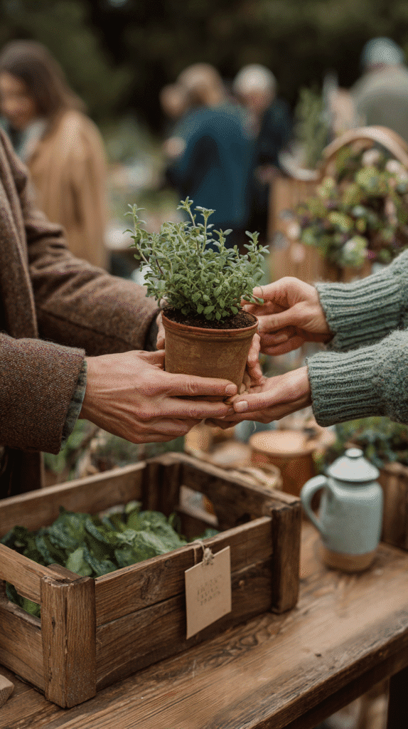 a potted herb plant is passed between two people at an outdoor community event