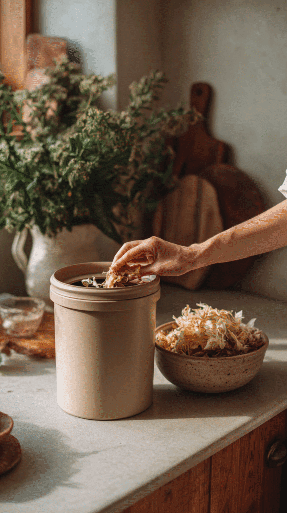 a hand puts paper shreds into a small compost bin on a kitchen counter
