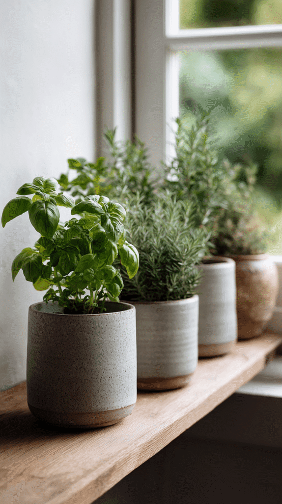 basil, thyme and rosemary herb plants in ceramic pots on a sunny windowsill