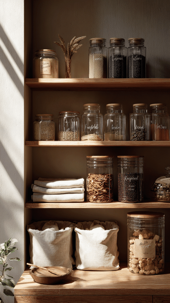 pantry shelves in a closet with glass jars of kitchen staples