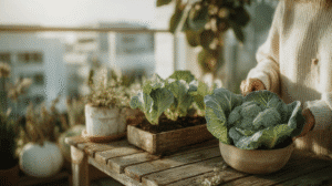 an urban apartment balcony with container pots of broccoli and lettuce