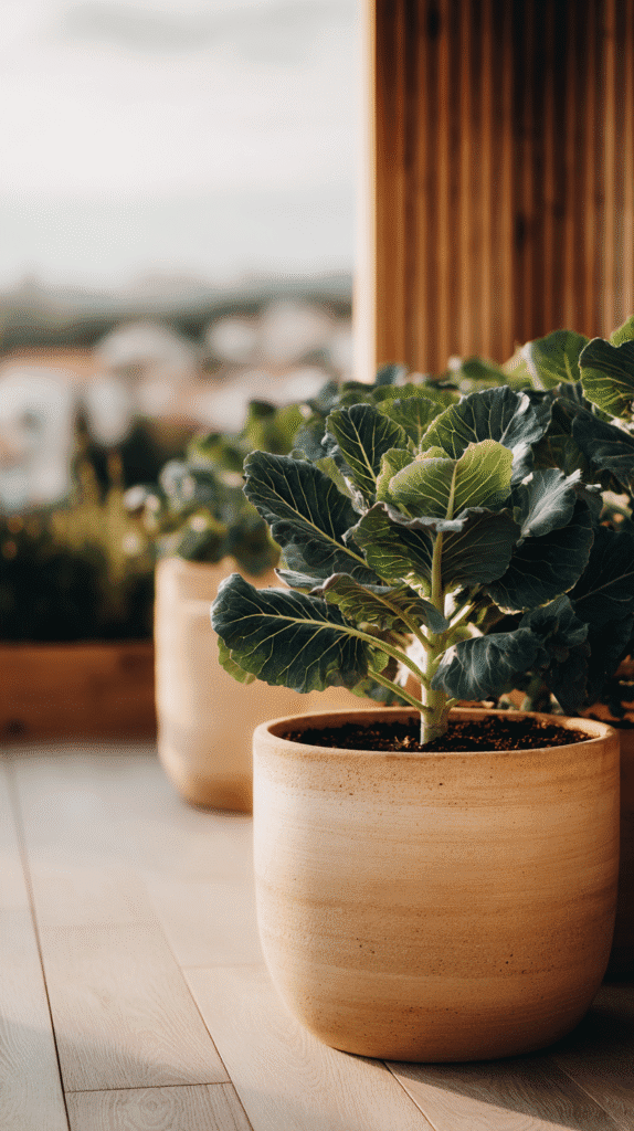 a container pot of brussel sprouts plant on an apartment balcony