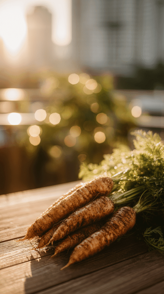 carrots freshly harvested on a balcony garden
