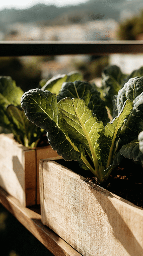 Kale plants in wooden planter boxes on a balcony garden