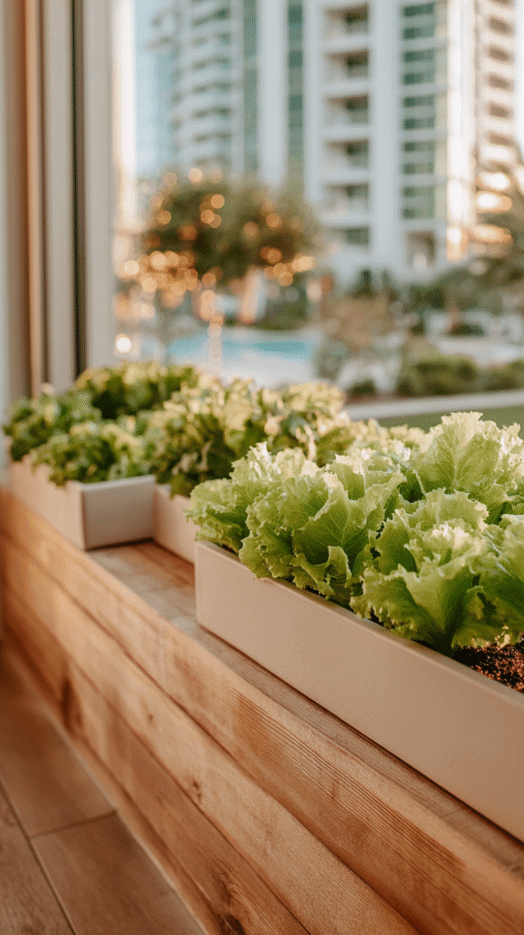 planter boxes with lettuce inside an apartment near a window