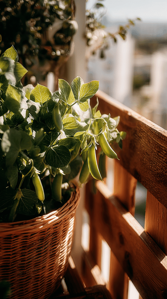 a pea plant in a basket planter on an apartment balcony