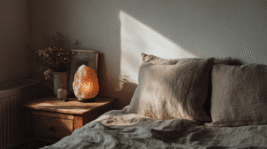 a bedroom with linen bedding and himalayan salt lamp
