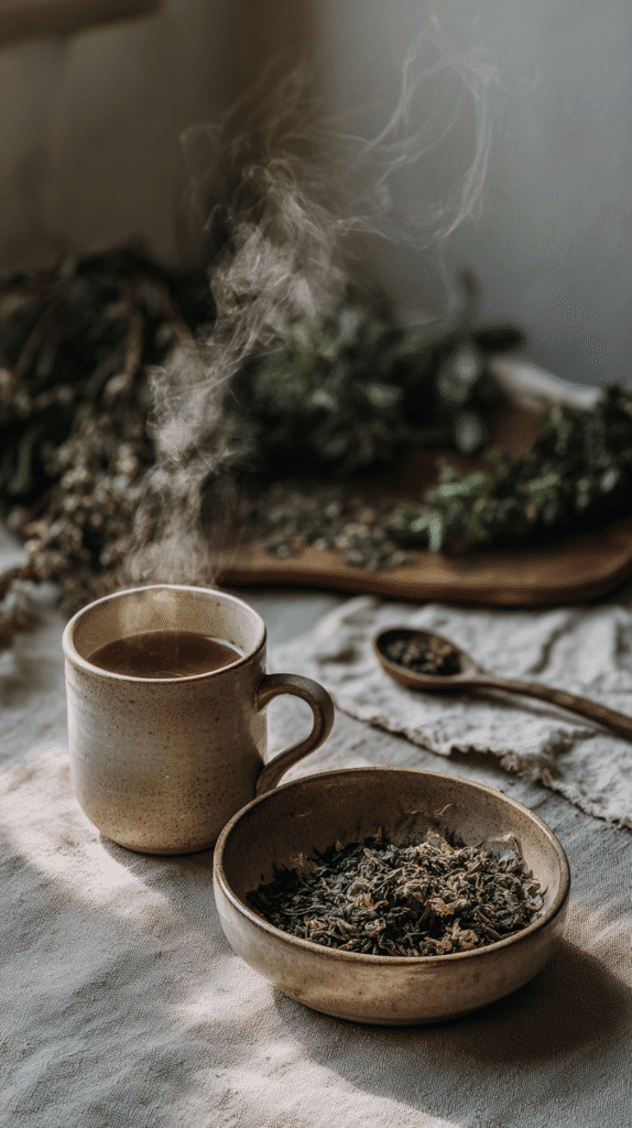 a bowl of looseleaf tea and mug on linen napkins