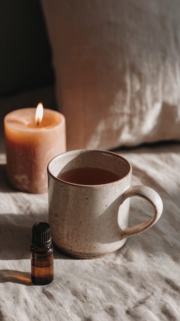 a mug of tea, essential oils and candle