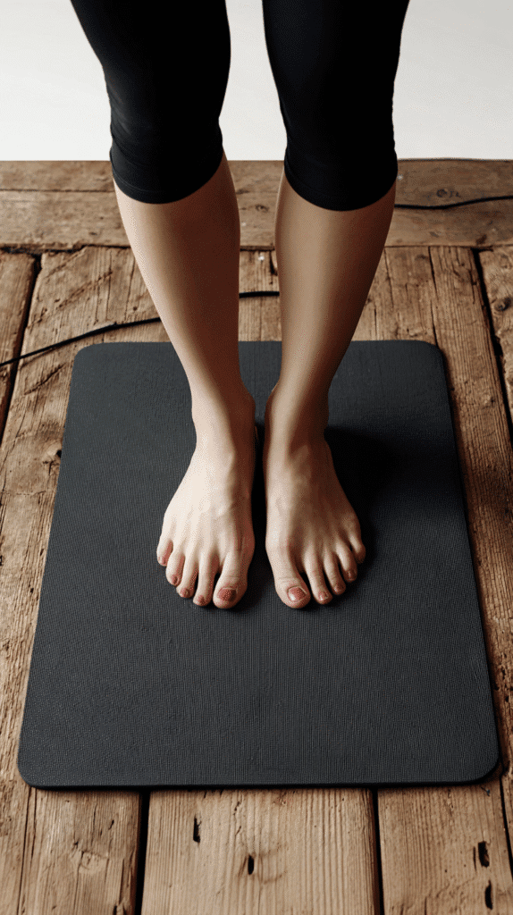a woman stands on a grounding mat