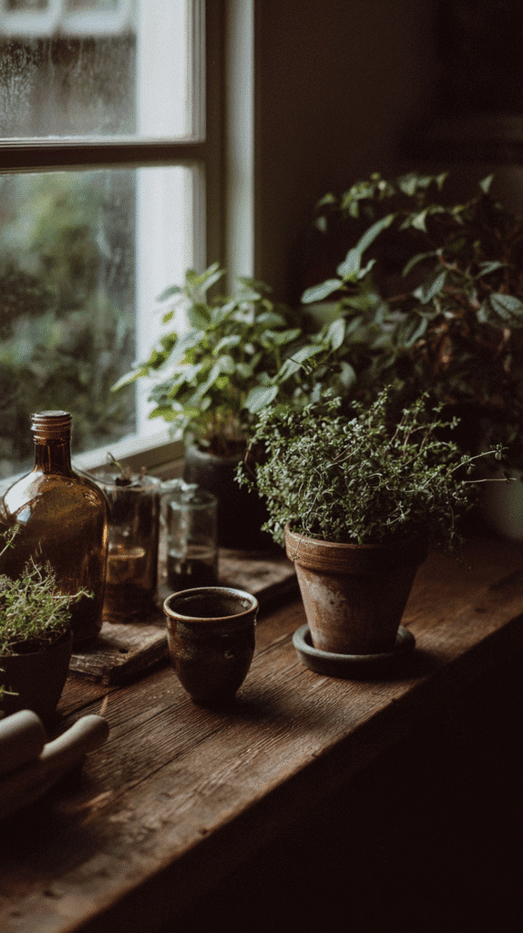 an indoor herb garden with pots on a windowsill
