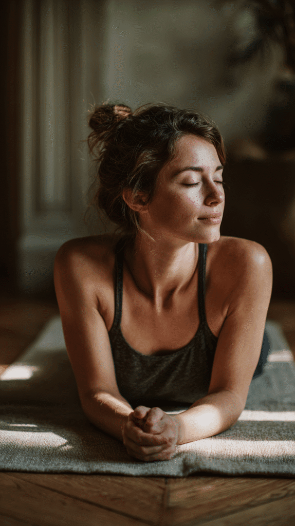 a woman stretches on a yoga mat