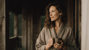 a woman stands in a bathrobe holding a mug of tea in the morning light
