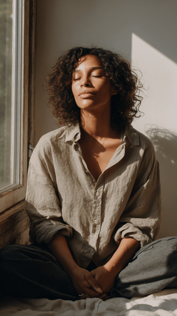 a woman sits near a sunny window doing breathwork